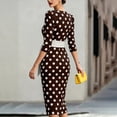 thumbnail image 4 of Women's Vintage Polka Dot Midi Dress, Crew Neck 3/4 Sleeve Self Tie Waist Slim Bodycon Knee-Length Pencil Dress Coffee L(L), 4 of 6