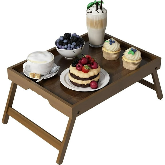 Bed Tray Table Folding Legs with Handles Groove Breakfast Food Tray for Sofa, Bed, Eating, Drawing, Platters Serving Lap Desk Snack Tray (Brown Medium)