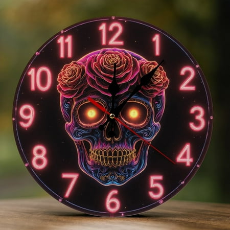 Wall Clock Decorative - Neon Skull with Rose Eyes Print 2D Vintage Wall Clocks Battery Operated Silent Non-Ticking for Bedroom, Living Room, Kitchen, Office, Classroom, 10 Inch