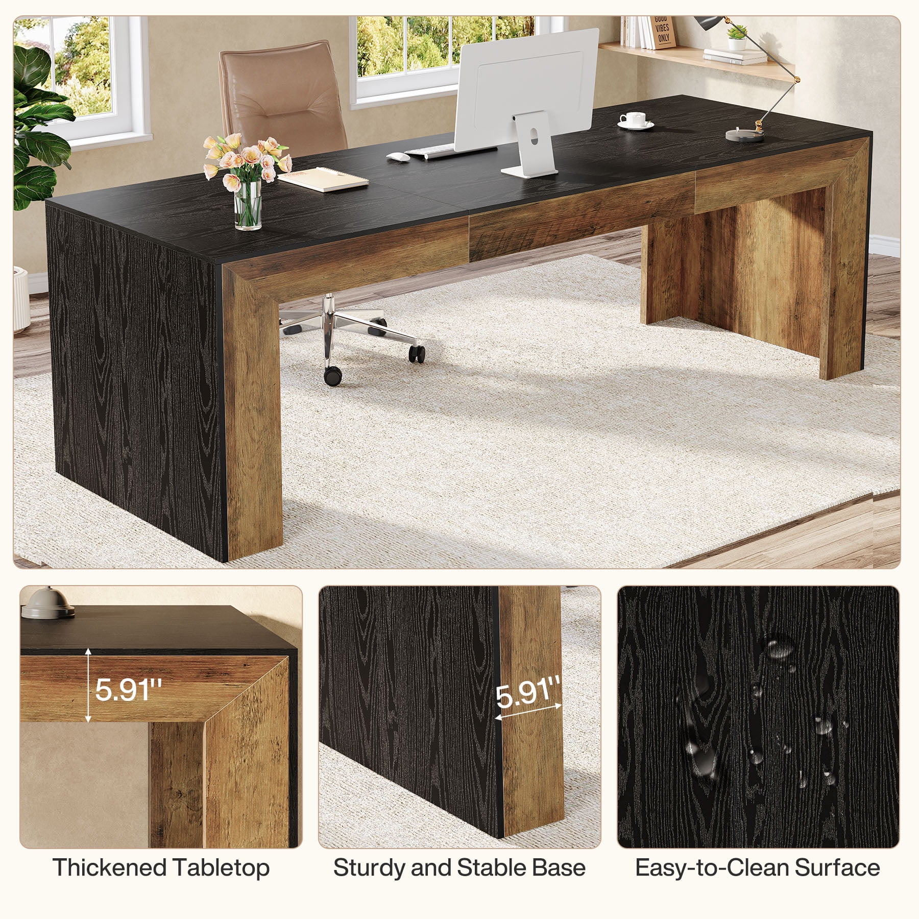 Tribesigns 86.6-Inch Long Computer Desk for 2 Person, Farmhouse Executive Desk with Wooden Tabletop and Legs for Home Office