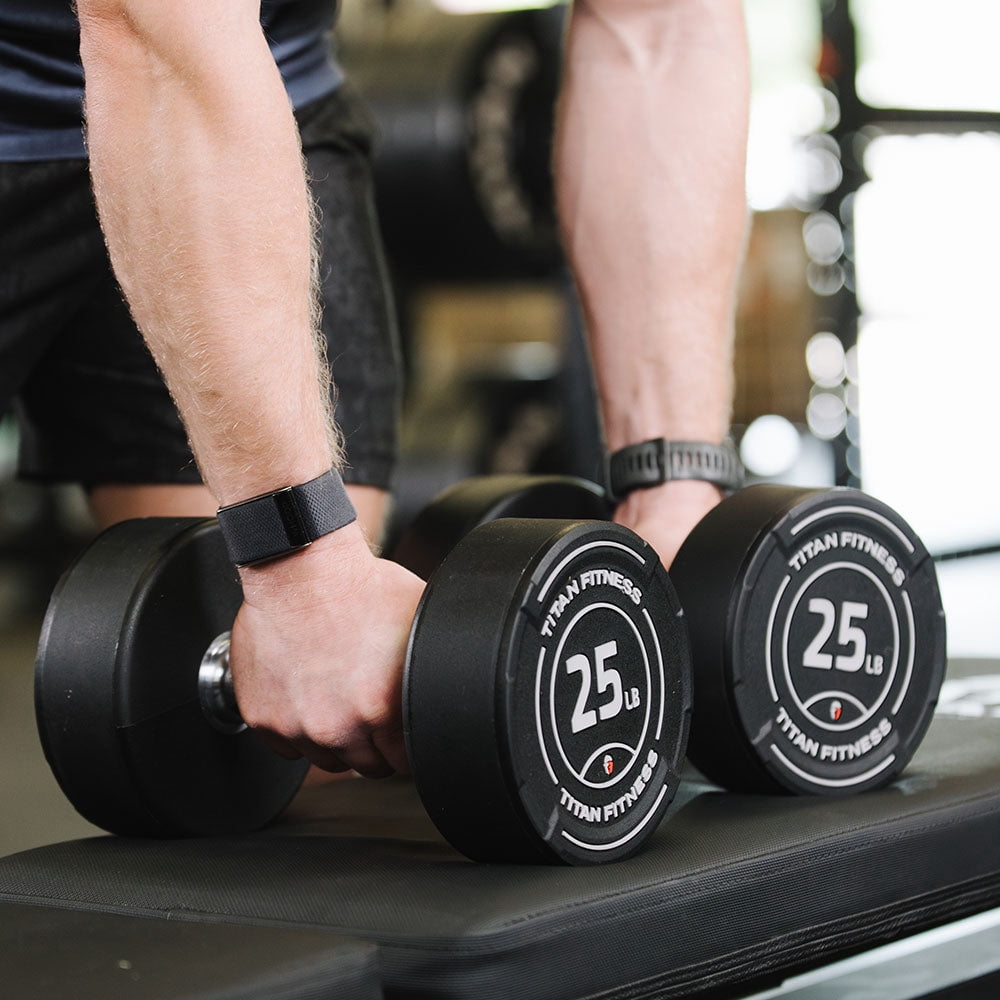 Titan Fitness 35 LB Set Round Urethane Dumbbells, Medium Volcano Knurling, 32mm Grip, Easy-to-Read Weight Indicators, Free Weights for Strength Training
