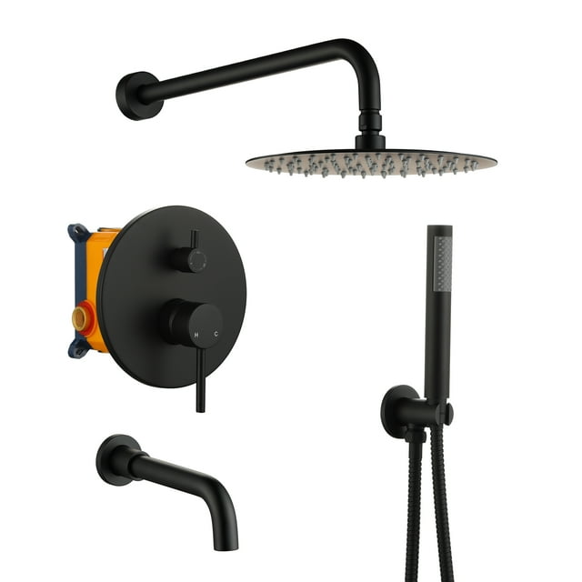 Boyel Living 10 in Shower System Wall Mount Rainfall Shower Head with Handheld Shower and Bathtub Tub Spout,3-function Bathroom Round Shower Combo Set Tub Faucet,Shower Faucet Set in Matte Black