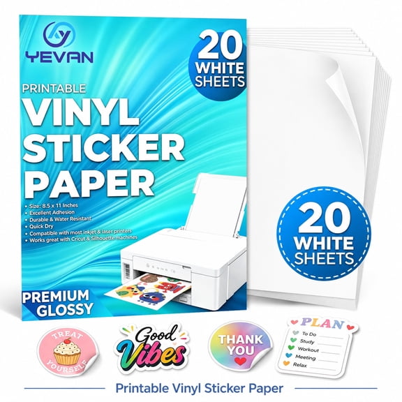 YEVAN Printable Vinyl Sticker Paper Inkjet Printer Adhesive Paper, 8.5 x 11 in, White Glossy, 20 Sheets