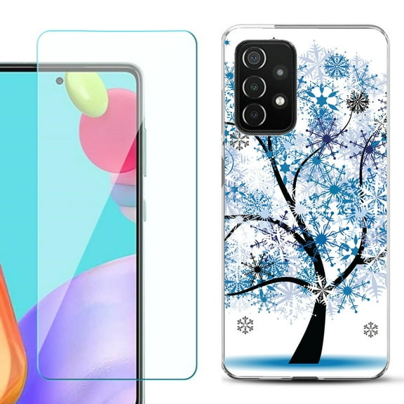 Slim-Fit Flexible Gel TPU Phone Case compatible with Samsung Galaxy A52 5G, with Tempered Glass Screen Protector, by OneToughShield ® - Snowflakes Tree
