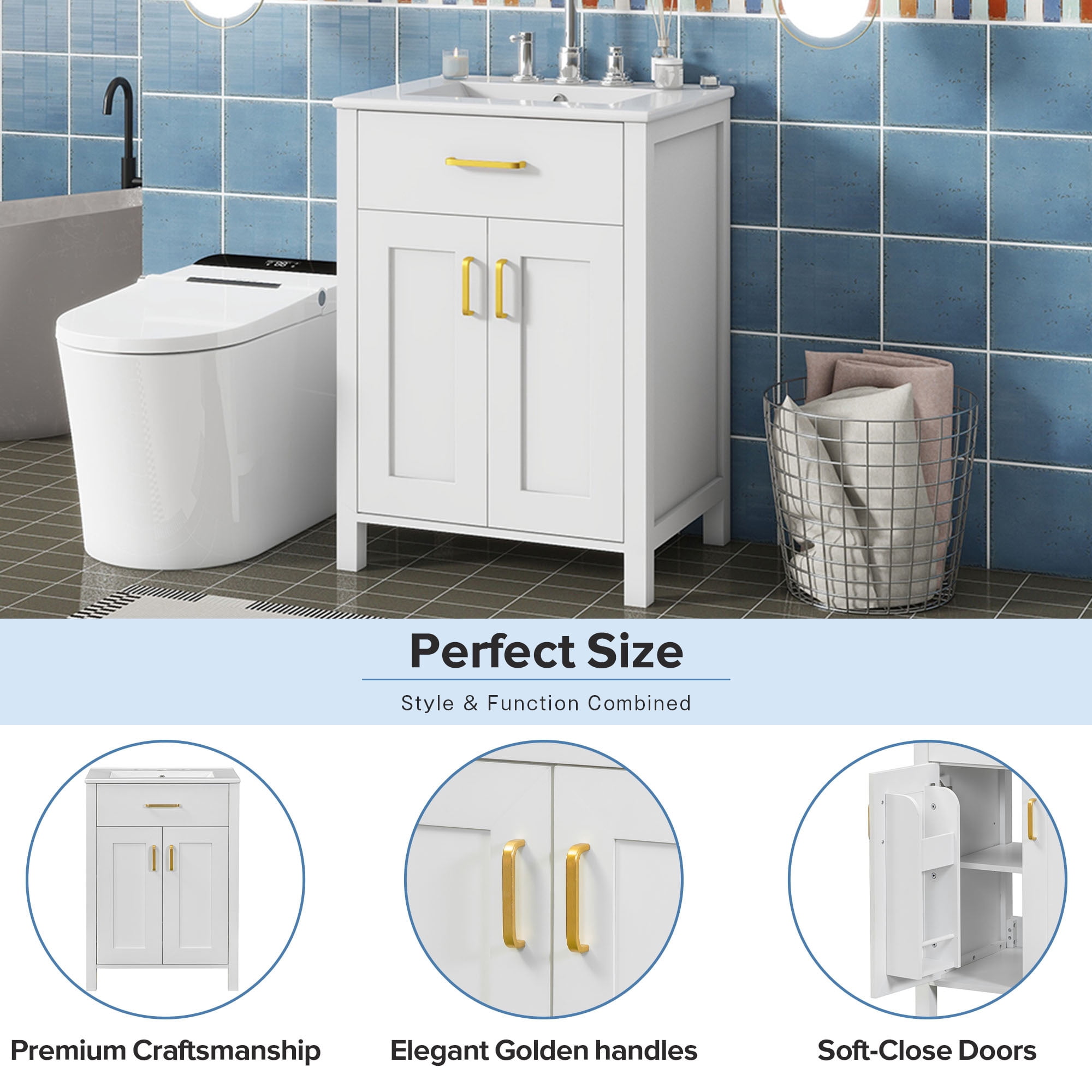 Euroco Modern 48-Inch Bathroom Vanity with Ceramic Sink, Soft-Close Doors, Flip Drawer, Double-Layer Door Shelves, Elegant Storage Solution