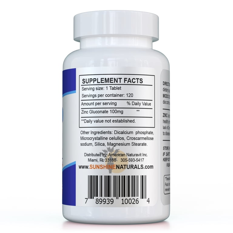 Sunshine Naturals Zinc Gluconate 100mg, 120 Tablets photo 5