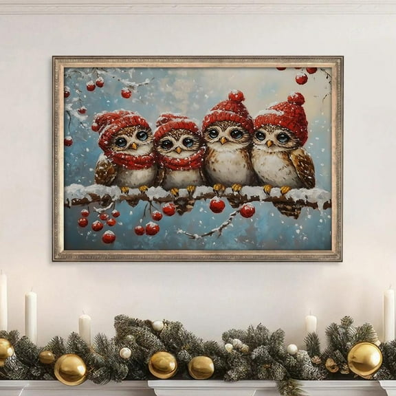 Winter Owl Art Winter Birds, Red Hat, Snow Scene Warm Present Vintage UNFRAMED Poster Size 8x12