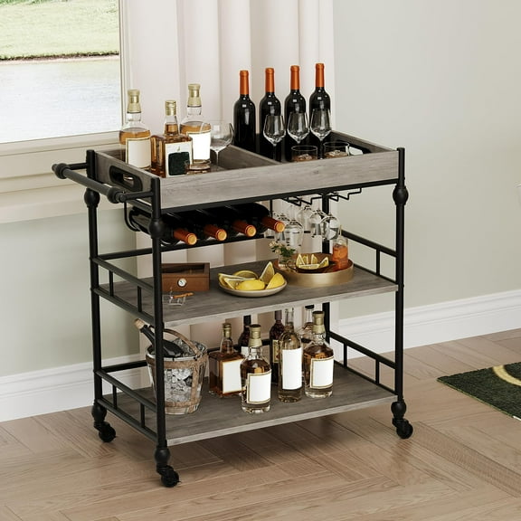 Yeshouse Bar Cart for The Home - 3-Tier Rolling Serving Carts with Wine Rack and Glass Holder - Mobile Kitchen Shelf, Microwave Drink Cart for Living Rooms, Dining Rooms, Kitchens