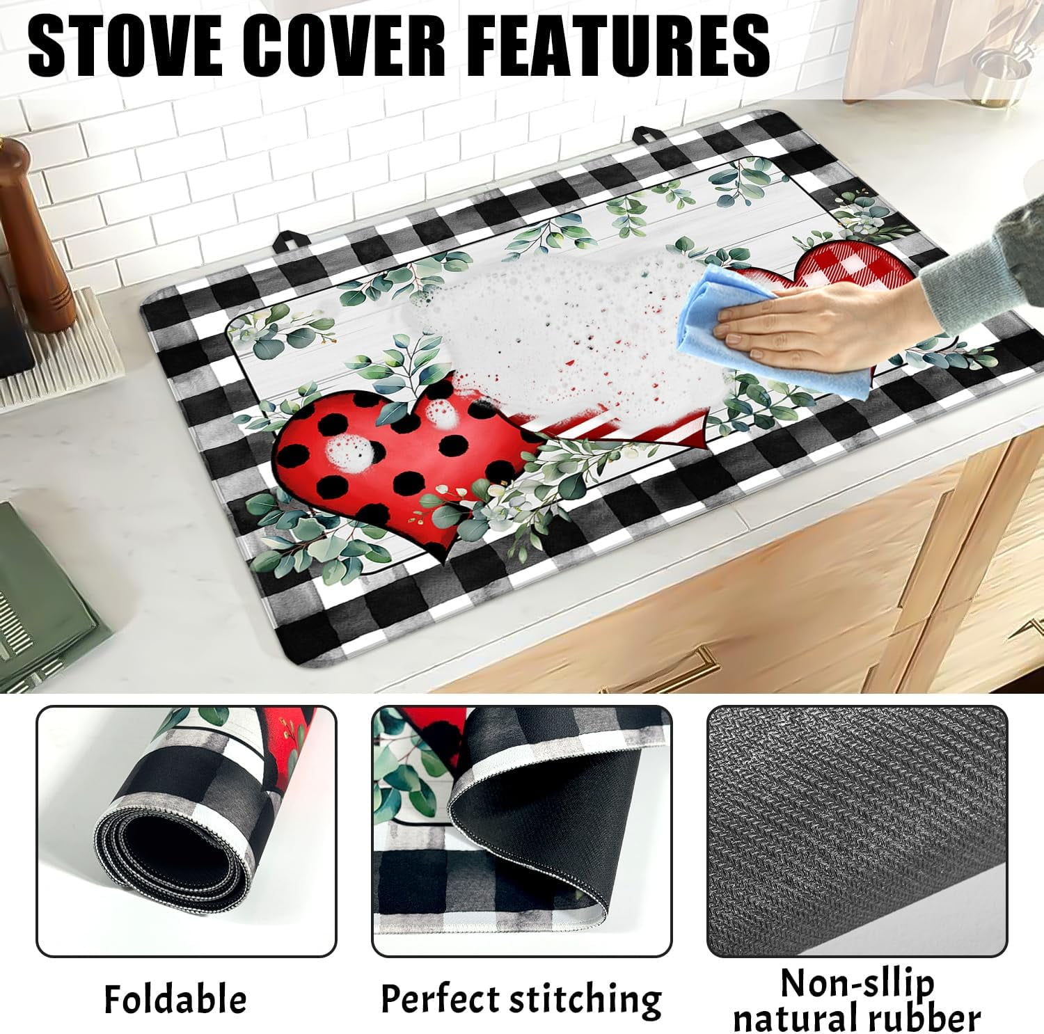 Valentines Day Stove Top Cover Love Heart Gas Stove Top Cover for Home Decoration Kitchen Pad Eucalyptus Leaves Non-Stick Washable Cooktop Covers Countertop Protector Keep Stove Clean Black