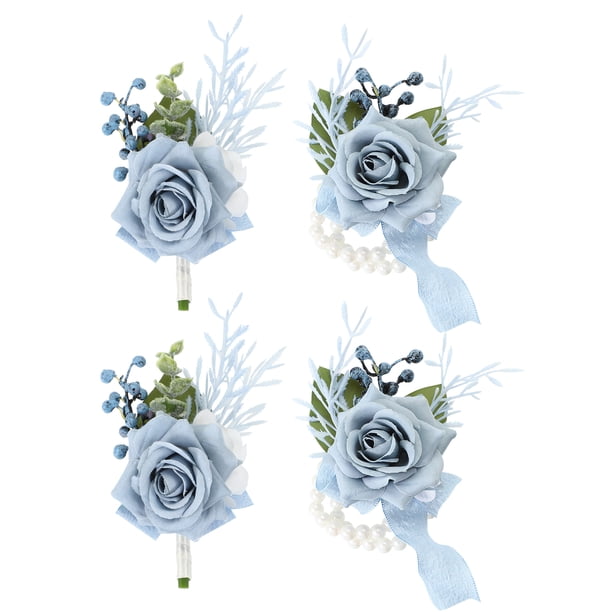Juego de corsages de rosa y boutonnieres para el novio, la novia y los padrinos de boda en azul claro