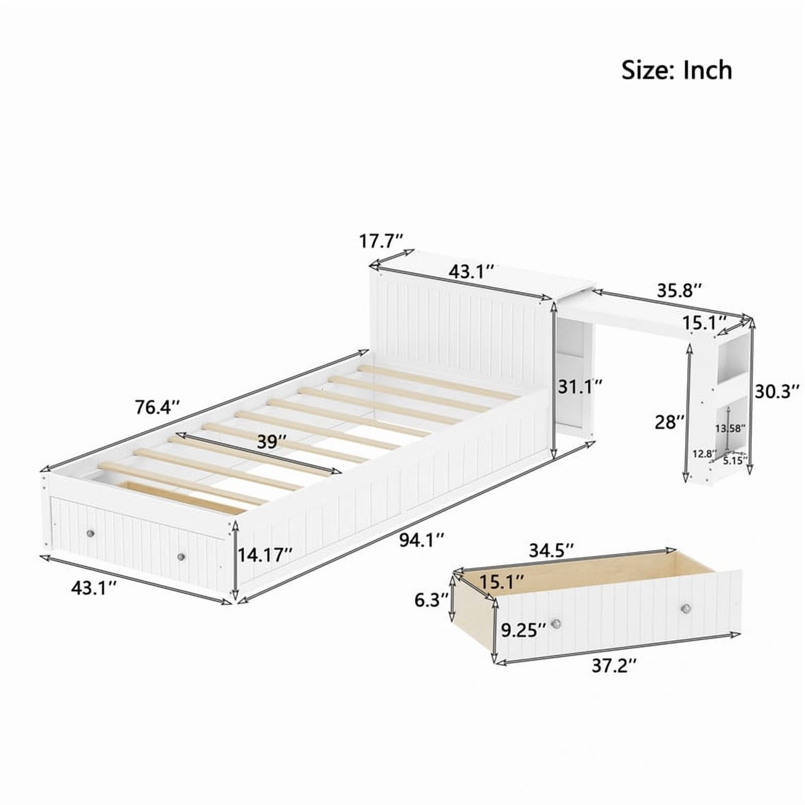 Twin Size Platform Bed with Pull-Out Hidden Desk, Wood Storage Bed Frame with Headboard Shelving & Footboard Drawer