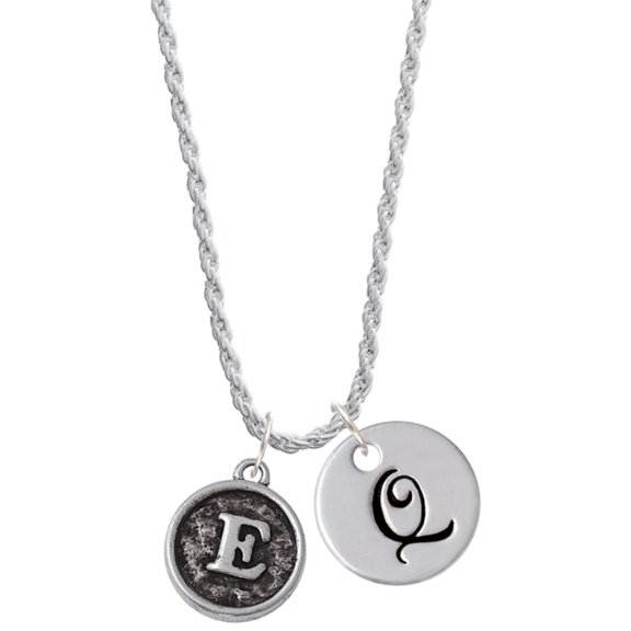 Delight Jewelry Silvertone Antiqued Round Seal - Initial - E - Silvertone Script Initial Disc - Q - Charm Necklace, 20"+3"
