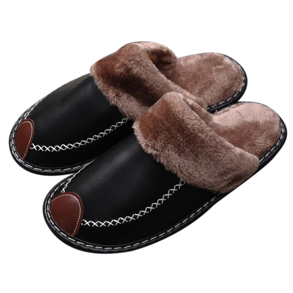 Women's Men's Winter Slippers PU Warm Soft Plush Indoor Home Bedroom Shoes 