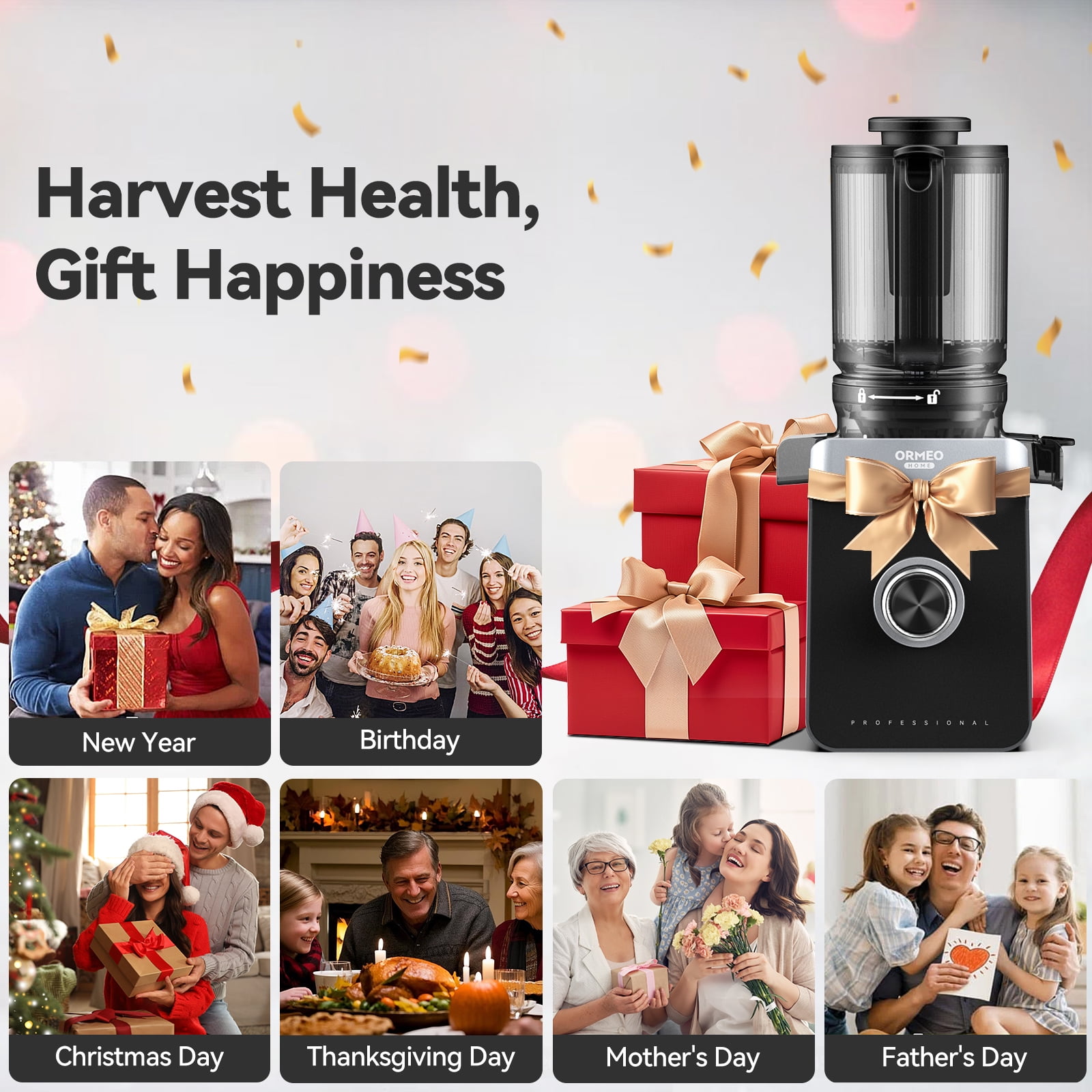 Ormeo Hom Cold Press Slow Juicer with 5.0"Large Feed Chute, Masticating Juicer with Pulp Seperation, 99.6% Juice Purity, Quiet Motor, Easy to Clean, BPA Free