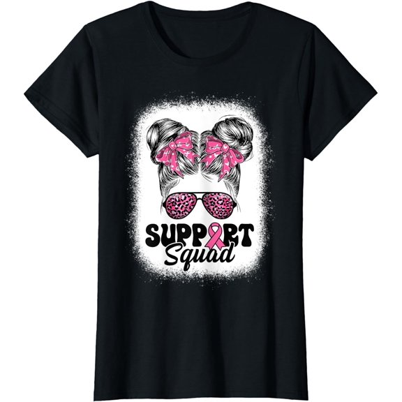 Support Squad Messy Bun Pink Warrior Breast Cancer Awareness T-Shirt