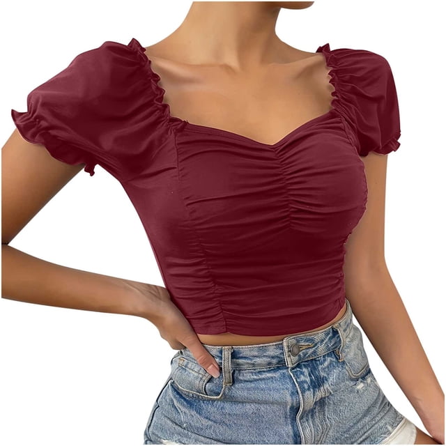 Lenpel Crop Tops for Women Summer Ruffle Short Sleeve Square Neck Ruched Solid Color Slim T Shirts Going out Blouses