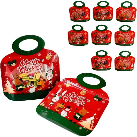 Christmas Goodie Bags, 10Pcs Reusable Plastic Treat Bags with Handles and Zipper Closure, Stand-Up Christmas Pouch with Clear Window for Candy, Cookies, Small Gifts, Holiday Party Favor Supplies