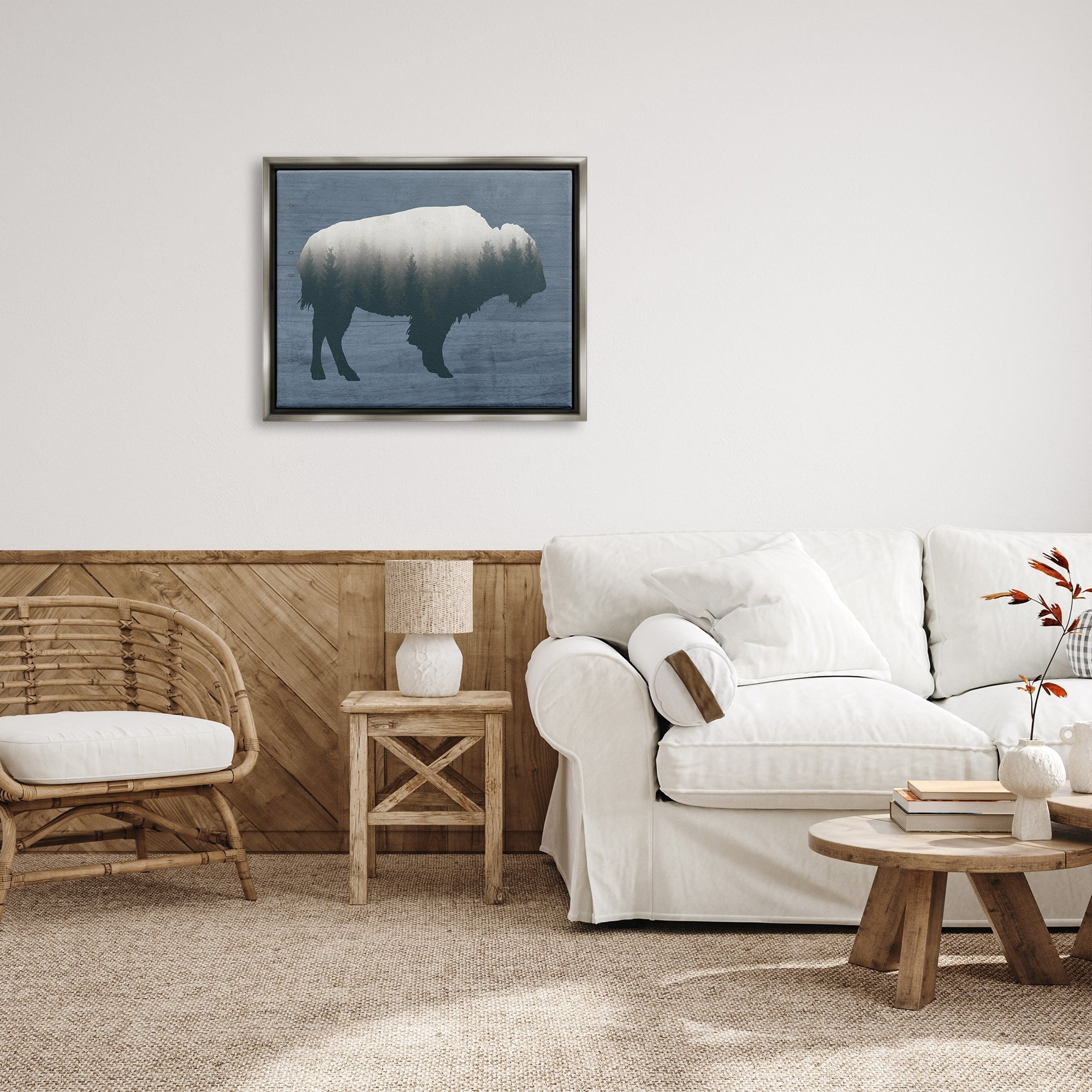 Stupell Industries Rustic Bison Shape Silhouette Forest Trees Pattern Graphic Art Luster Gray Floating Framed Canvas Print Wall Art, Design by Lettered and Lined