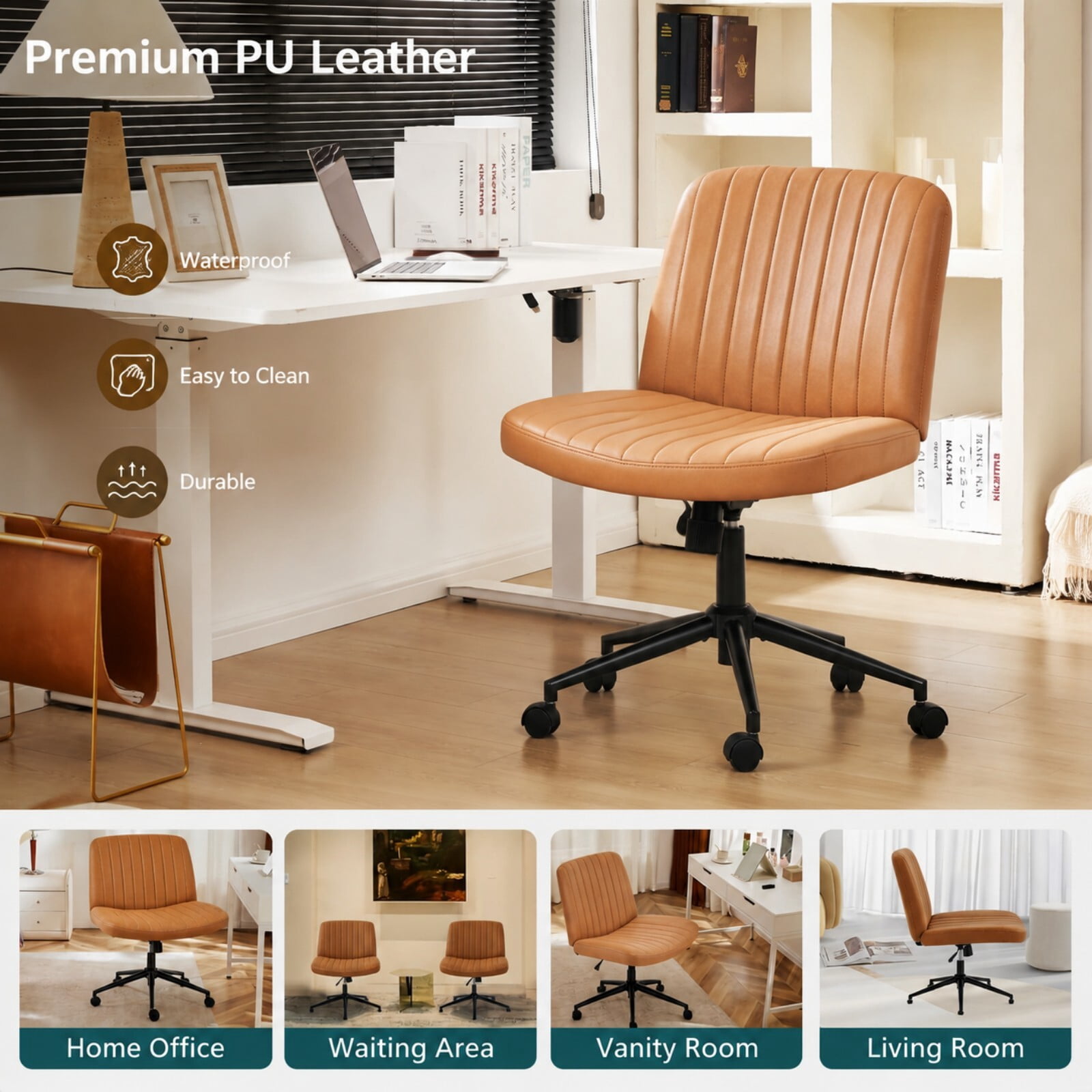 Kelno Armless Criss Cross Office Chair with Wheels 300lb Capacity Wide Seat Cross Legged Desk Chair Height Adjustable Swivel Vanity Chair, Brown PU