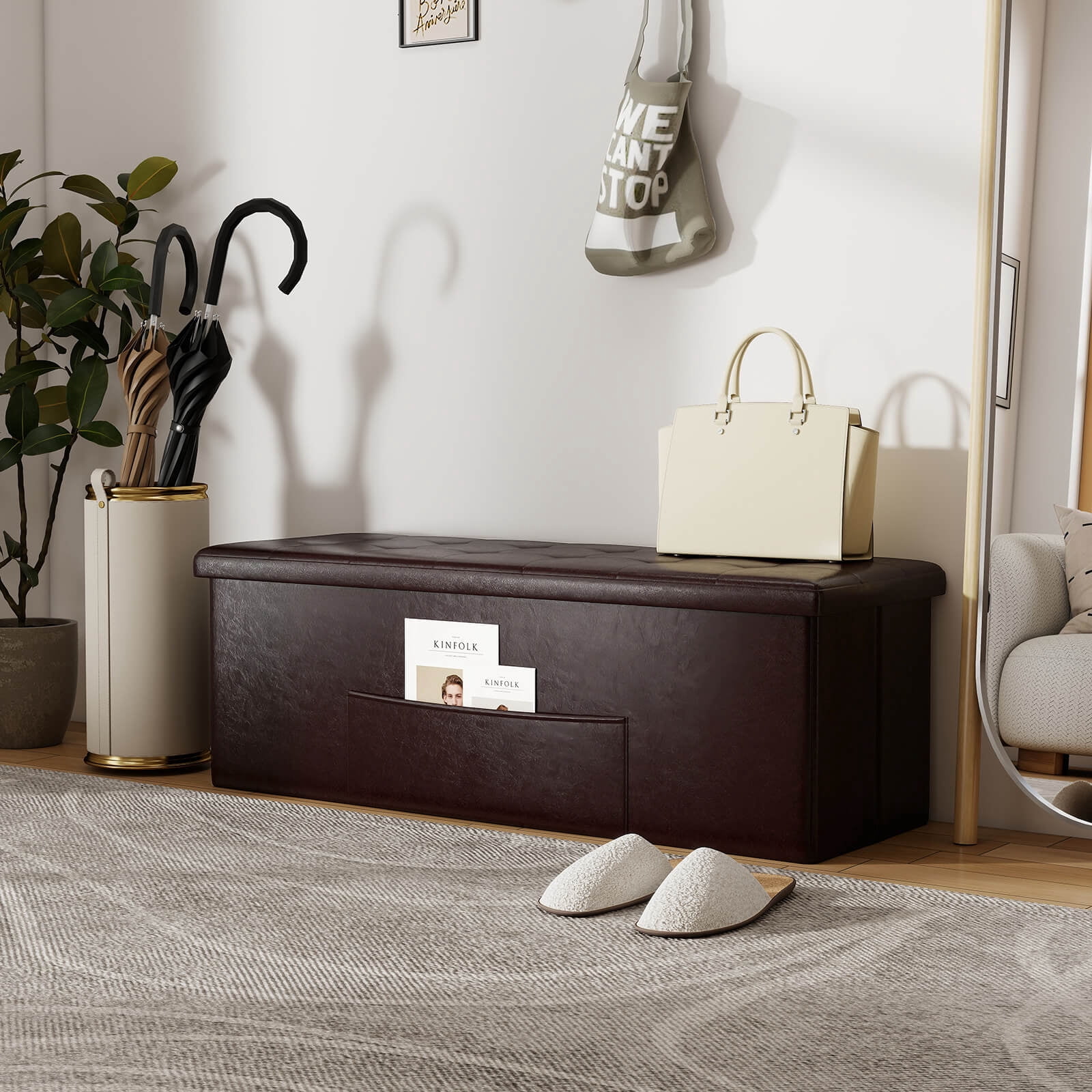 Costway 43''x15''x15'' Large Folding Storage Faux Leather Ottoman Pouffe Box Stool Brown