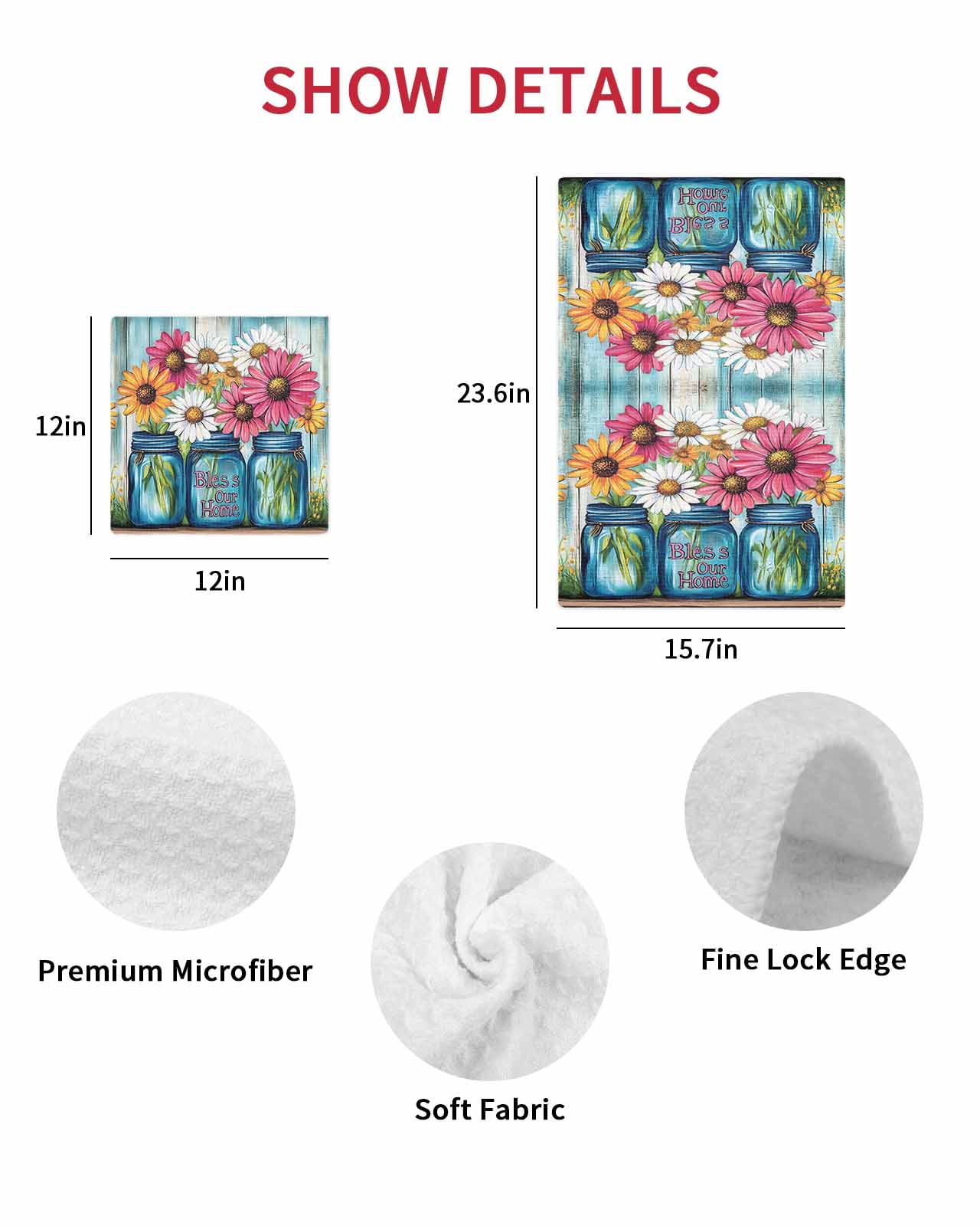 Red White Daisy Kitchen Dish Towels for Drying Dishes Set of 3, Vintage Bottle Teal Wooden Grain Waffle Weave Microfiber Terry Hand Tea Bathroom Towels Quick Dry & Absorbent Towel 15.7x23.6