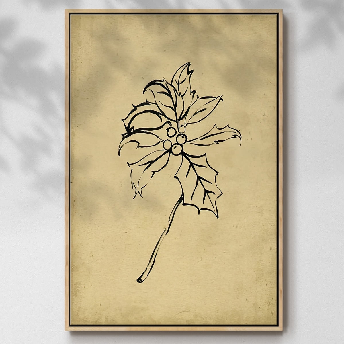 Holly Branch II - Framed Gallery Wrapped Holiday Canvas - 27 x 41 - Natural Wood Frame
