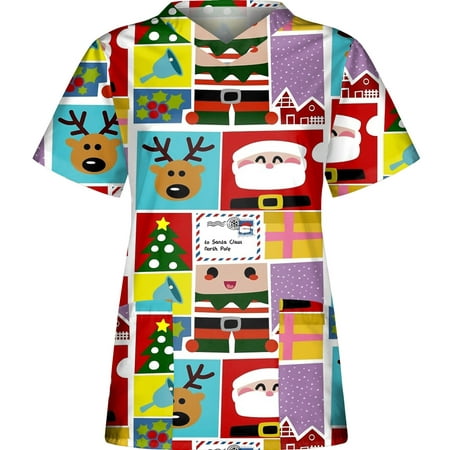 

Chiccall Women s Christmas Costume V-Neck Short Sleeve Nursing Uniform Xmas Santa Gifts Snowman Deer Printed Workwear Holiday Graphic Tees Blouse Scrubs Tops with Pockets on Clearance