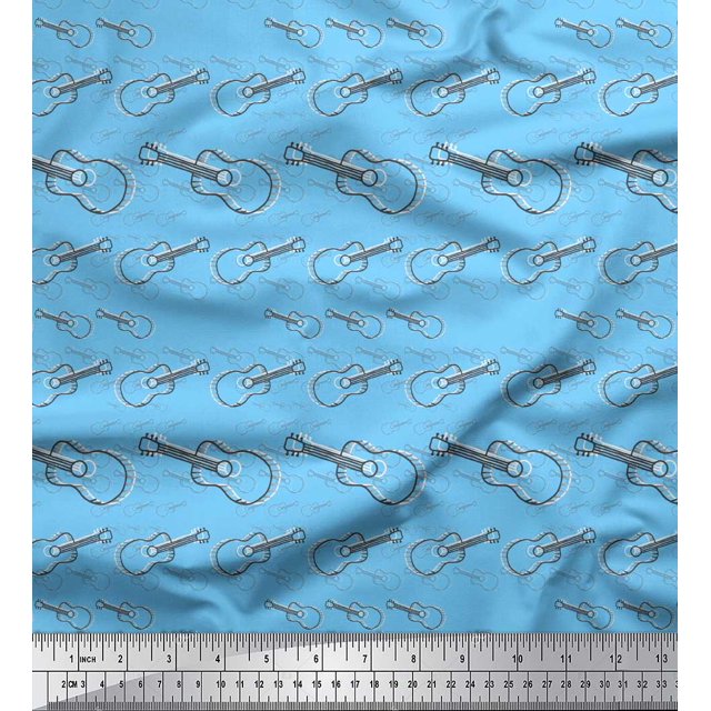 Soimoi Blue Rayon Fabric Sketch Guitar Musical Instrument Printed Craft Fabric by the Yard 56 Inch Wide