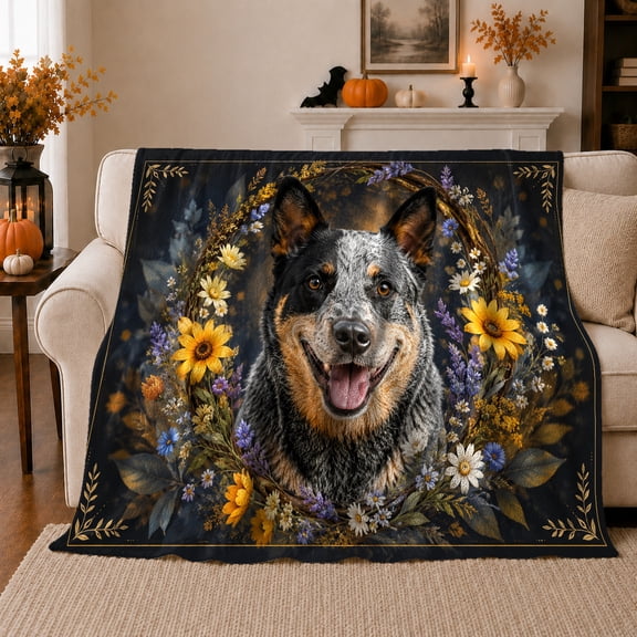 Blue Heeler Dog Floral Wreath, Cozy Pet Portrait Pattern, Warm Flannel Blanket for Living Room and Bedroom with Detailed Artwork, Dog Lovers Just Because Gift, Pet Lover Home Decor