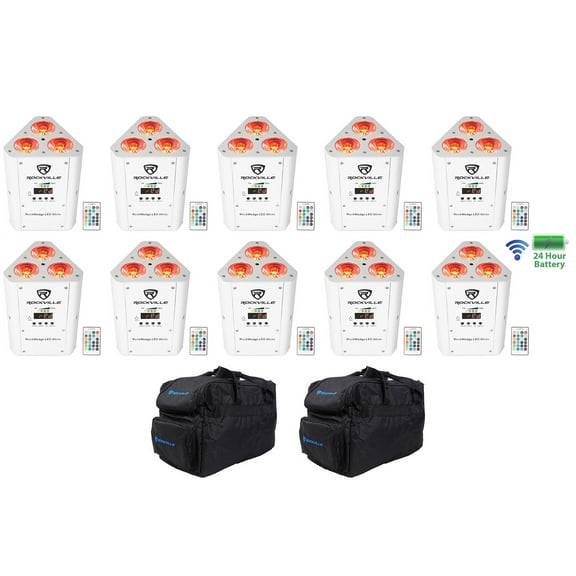 (10) Rockville RockWedge LED White RGBWA UV Rechargeable Wireless DMX Lights Bag