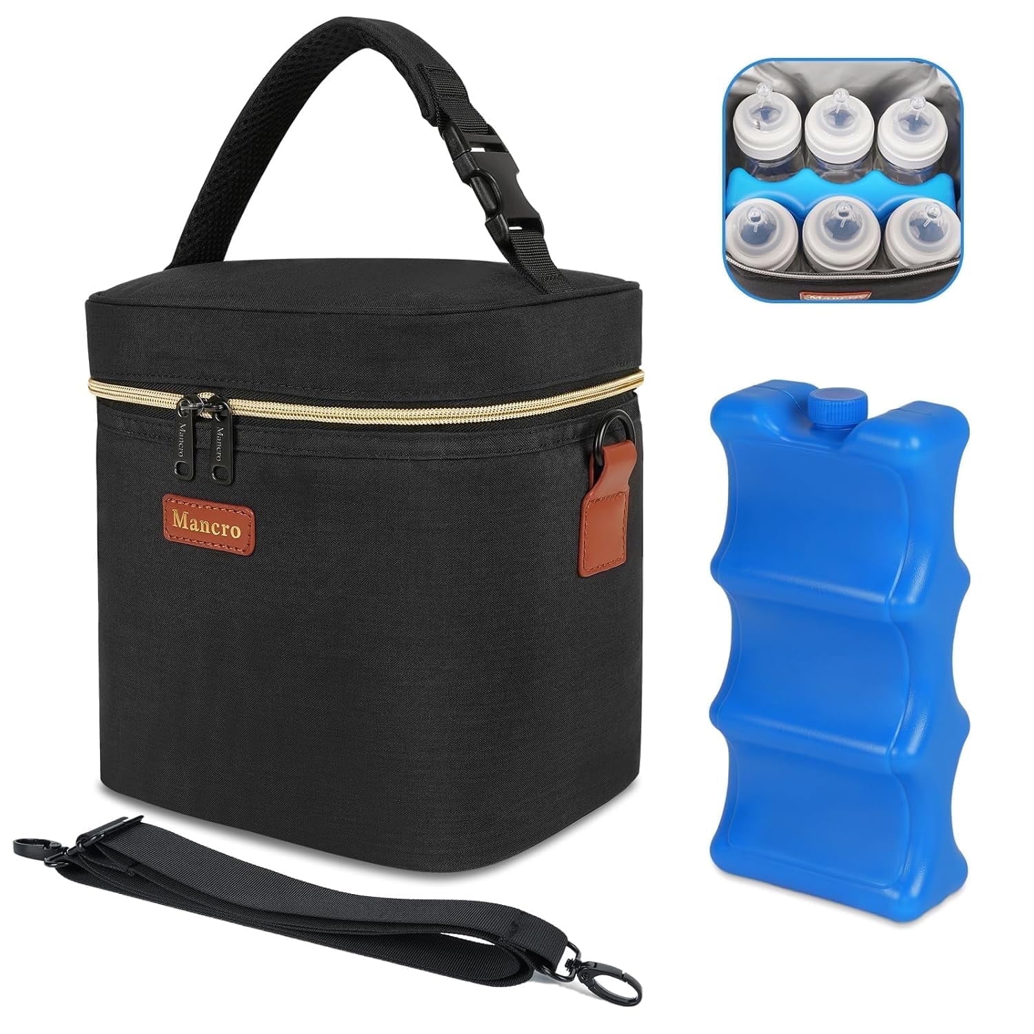 Mancro Breastmilk Cooler Bag with Ice Pack, Insulated Bottle Bag for Nursing and Daycare, Black