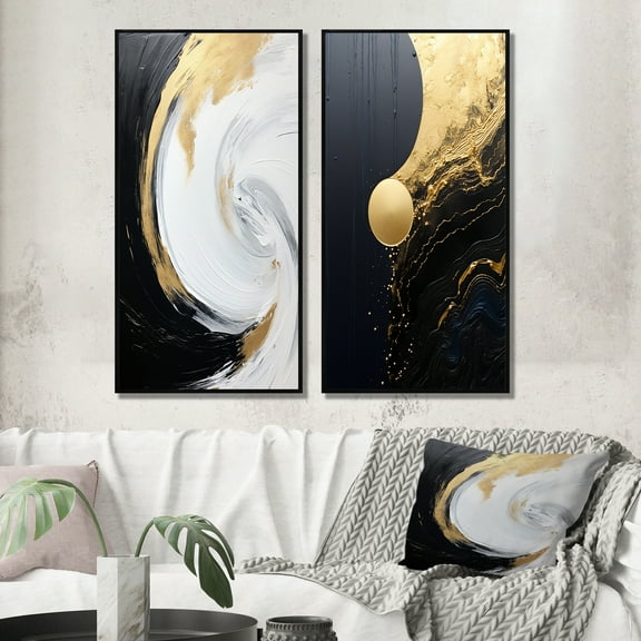 Designart "Alchemical Essence Abstract in Gold and Black" Abstract Painting Framed Wall Art Set Of 2 - Modern Gold Framed Canvas Set For Living Room Decor