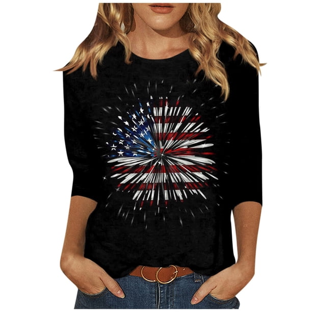 Blusa superior informal con cuello redondo y estampado del día de la independencia de manga tres cuartos para mujer negro/XL