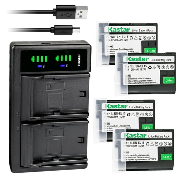Kastar 4-Pack Battery and LTD2 USB Charger Replacement for Nikon D7000 D7100 D7200 D7500, Z 6, Z6, Z6 II, Z 7, Z7, Z7 II, Z 7 Q3, Z7Q3, 1 V1, D500 D600 D610 D750 D780 D800 D800E D810 D810A D850 Camera