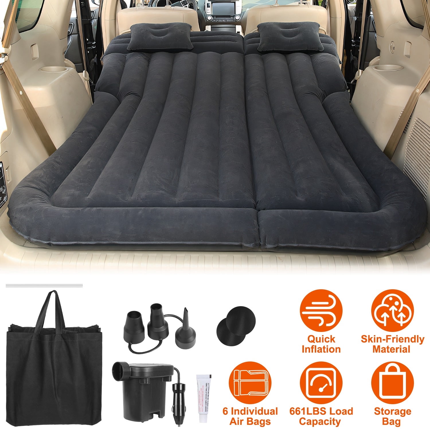 130x175x12.5cm/51.18x68.89x4.92in SUV Air Mattress Thickened Camping Bed Cushion with Pillow Air Pump Storage Bag PVC Flocked Car Bed for Home Car Travel Camping (black)