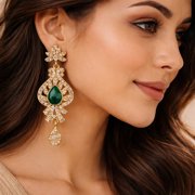 Sunsoul by Touchstone Indian Bollywood Desire Traditional Indian Peacock Motif Faceted Faux Emerald White Rhinestones Grand Designer Bridal Jewelry Chandelier Earrings In Gold Tone For Women.