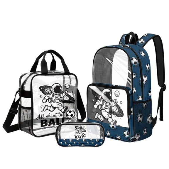 Kuiaobaty Astronaut Print Clear Backpack Set for Boys Soccer Ball Print Backpack and Lunch Bag Set with Cup Holder Lightweight Clear Bookbag and Pencil Case for School
