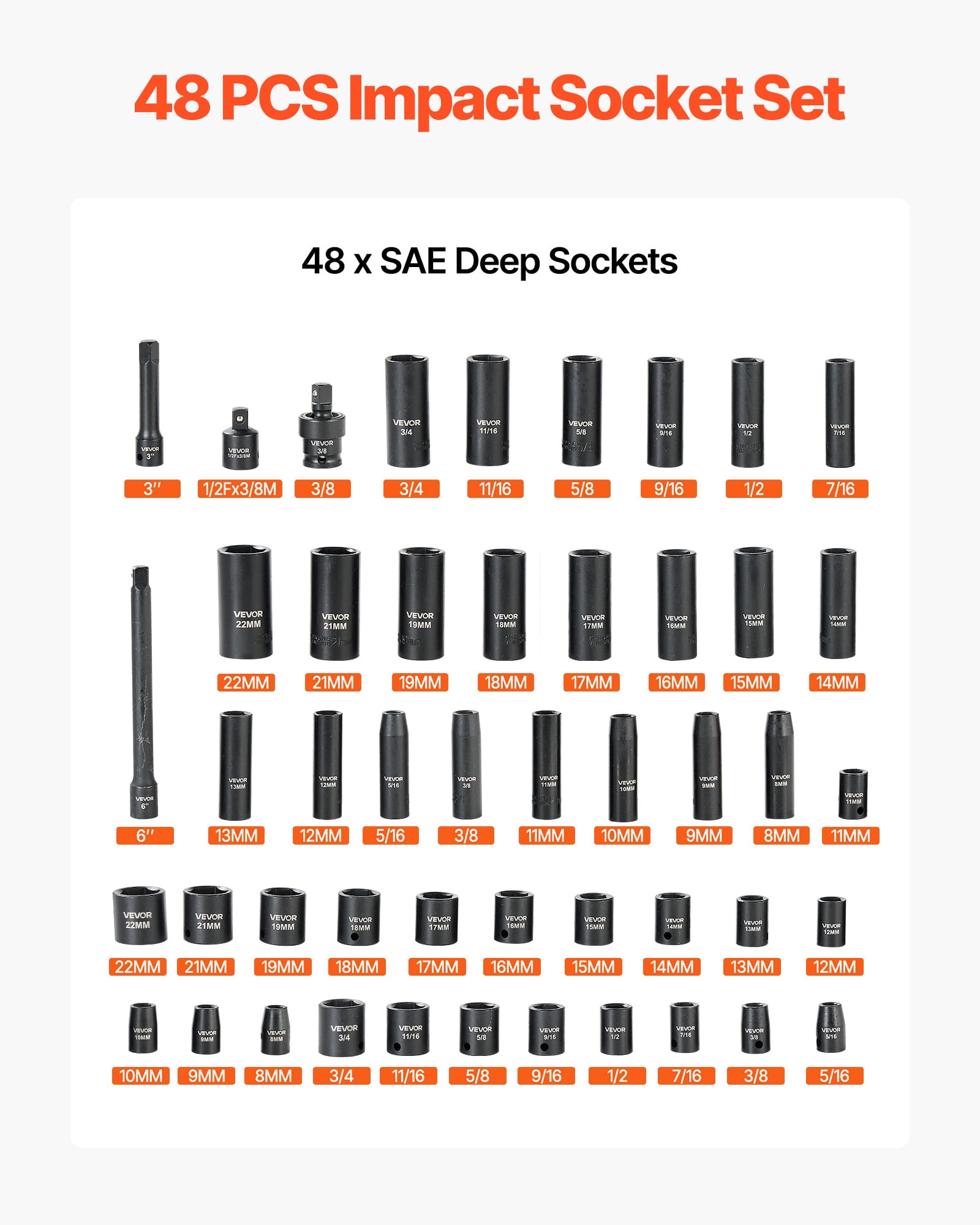 VEVOR Impact Socket Set, 3/8" Drive, 48-Piece Socket Set, 6-Point Sockets, SAE 5/16"-3/4" and Metric 8-19 mm, 21-22 mm, Easy to Identify, Cr-V Alloy Steel, Extension Bar, Adapter and Storage Cage