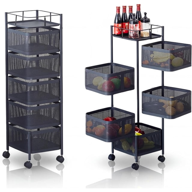 5 Rotating Kitchen Storage Rack, Rolling Storage Cart with Metal Mesh Baskets, Lockable Wheels, Top Handle, Fruit & Veggie Cart for Pantry/Bathroom