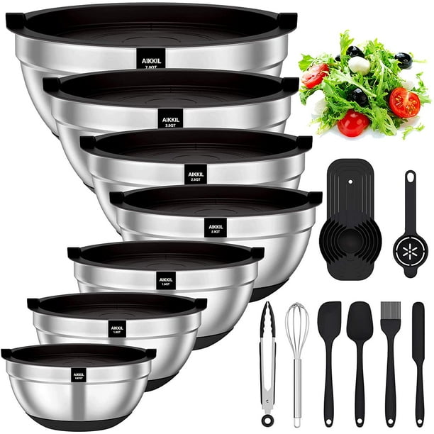 Mainstays 6-Piece Nonslip Bowl Set, 3 Bowls, 3 Lids, Black Non-Skid TPE  Bottom 