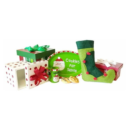 Christmas Set: 3 Boxes, Stocking, Platter, Mug, Cookies Accessory For 18 Doll Furniture