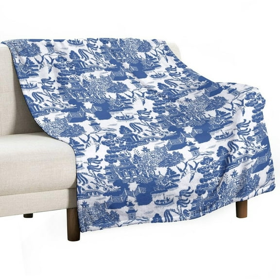 Blue Willow Chinoiserie Blue And White Porcelain Inspiration Soft Print Blanket Throw Blankets Warm Cozy Lightweight Couch Blanket Stuff Gifts for Women Mom Teens