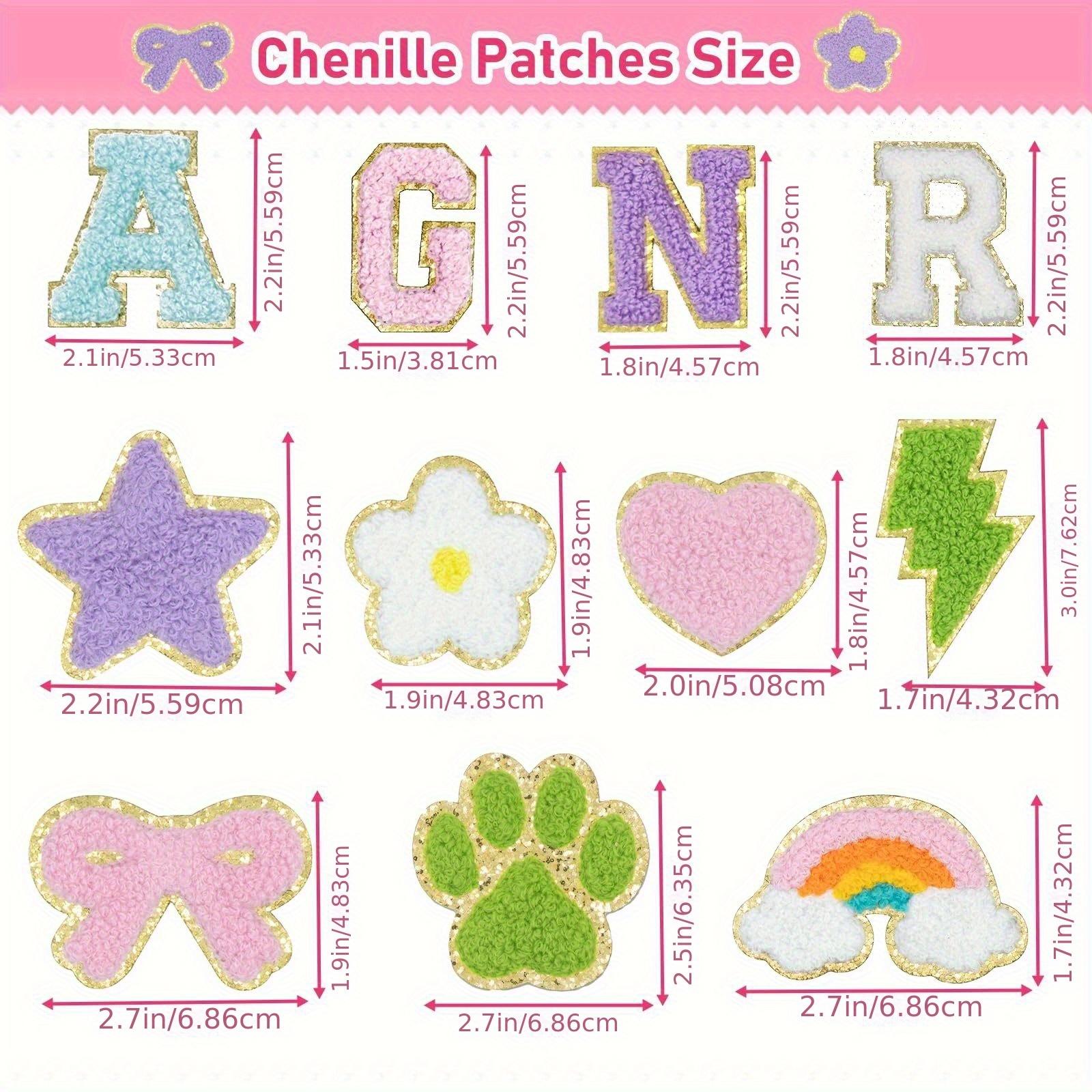123 Chenille patch ironing stickers with Golden embroidery include 78 letter patches, 45 stars, hearts, flowers, smiling faces, rainbows, crosses, lightning, cute claws, bow