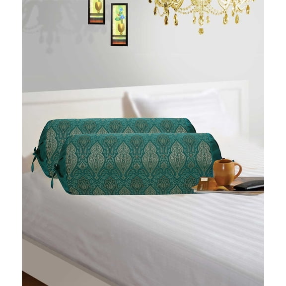 Stylo Culture Ethnic Cylindrical Brocade Bolster Pillow Covers Emerald Green Damask Silk Jacquard Weave Round Tube Pillow Traditional Floral Tubular Cushion Covers - (76x38 cm) | Set of 2 Pcs