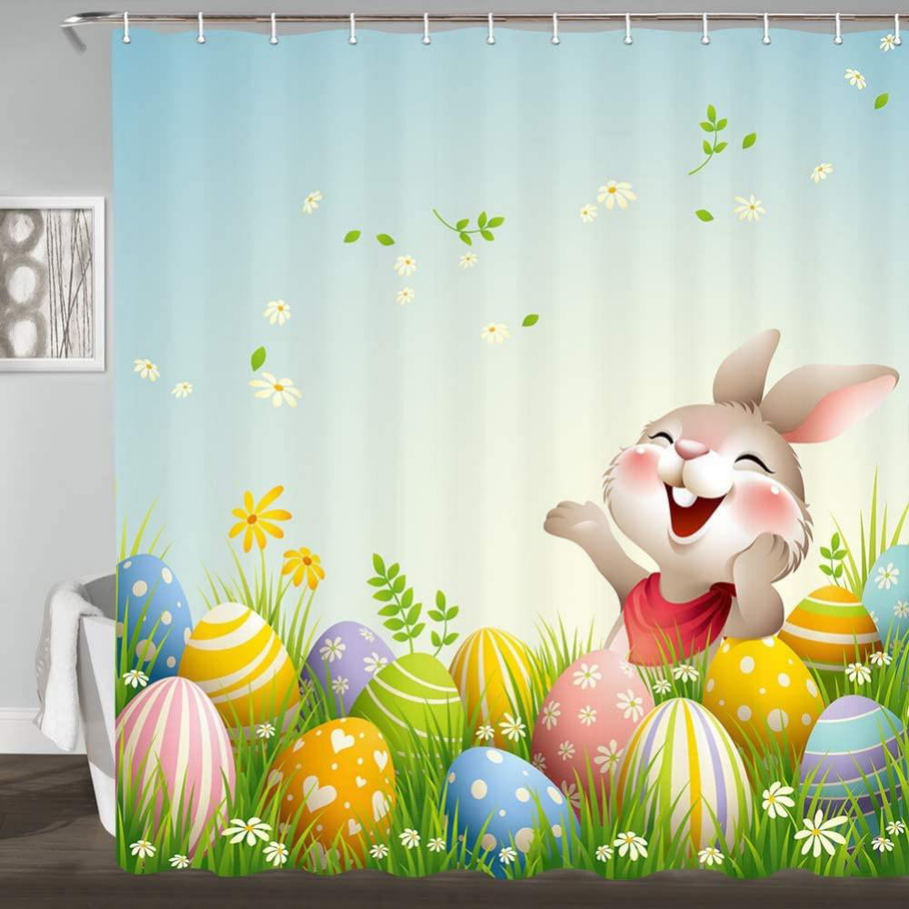 Colorful Eggs Rustic Wood Board Happy Easter Polyester Fabric Shower Curtain Set 