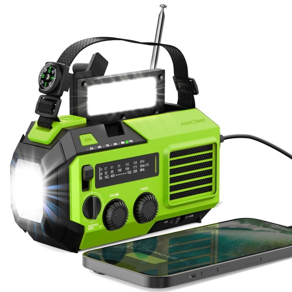 FosPower Radio meteorológica de emergencia (modelo A6) NOAA/AM/FM con banco de energía portátil de 19240 mWh, carga USB/solar/manivela, funciona con pilas, alarma SOS y linterna para emergencias en in