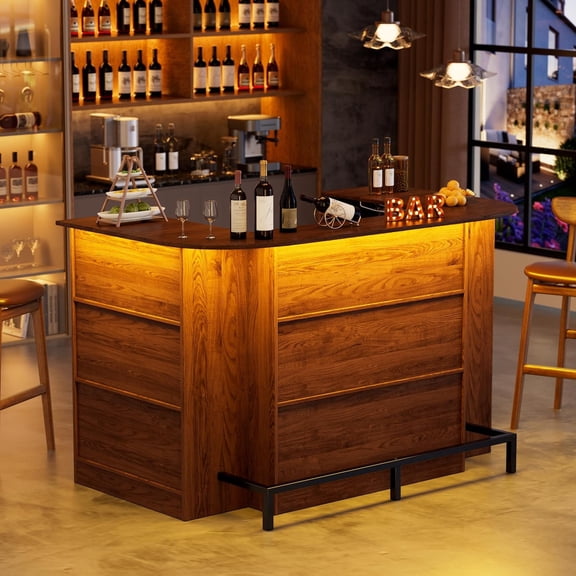 PAKASEPT 62" W Home Bar Unit with LED Lights, U-Shape Liquor Wine Cabinet, Mini Bar Table with Stemware Holders, for Living Room, Dining Room