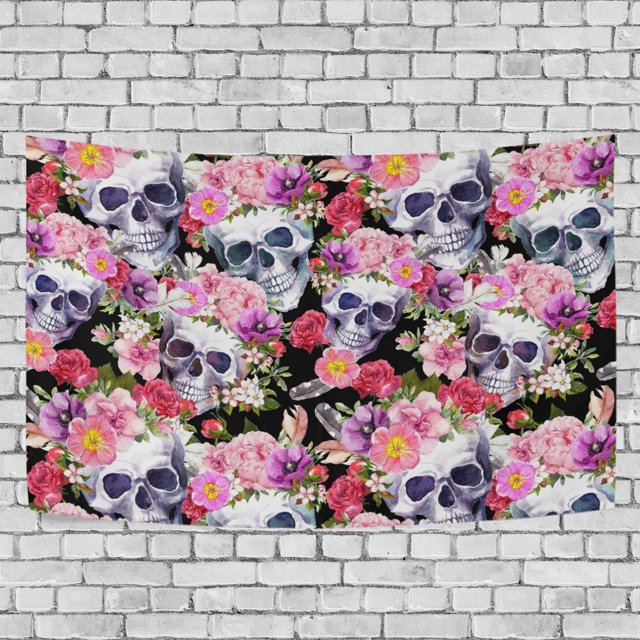 Tapiz de Acuarela Calaveras Humanas Con Flores ABPHQTO Decoración para Colgar en la Pared 150x225 cm