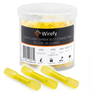 Wirefy 150 PCS Heat Shrink Butt Connectors Yellow 26-24 AWG - Smaller Diameter Marine Grade Butt Connectors - Wire Butt Splice Connectors - Electrical Waterproof Heat Shrink Butts
