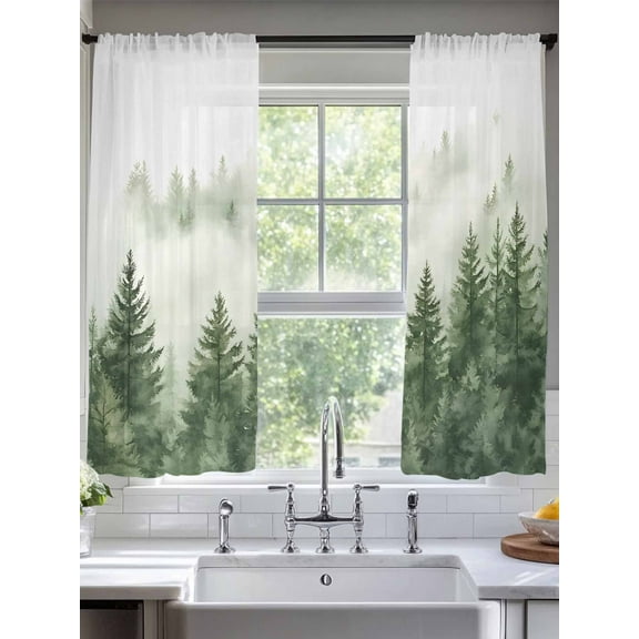 Rustic Mist Forest Sheer Curtains for Living Room Bedroom Watercolor Foggy Mountain Landscape Sheer Curtains 63 Inch Long 2 Panels Set Light Filtering Curtain Window Treatments Drapes for Dining Room